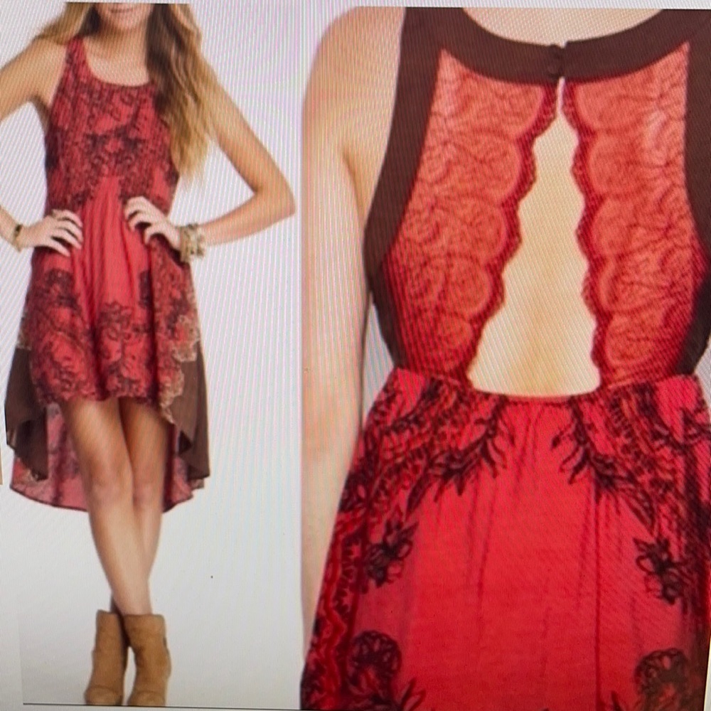Free people red floral high low, lace back